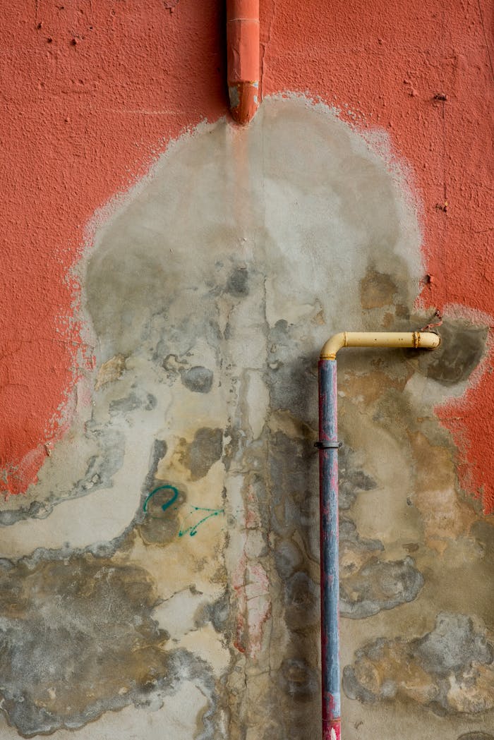 digital A textured wall with peeling paint and exposed rusty pipes showing effects of water damage.