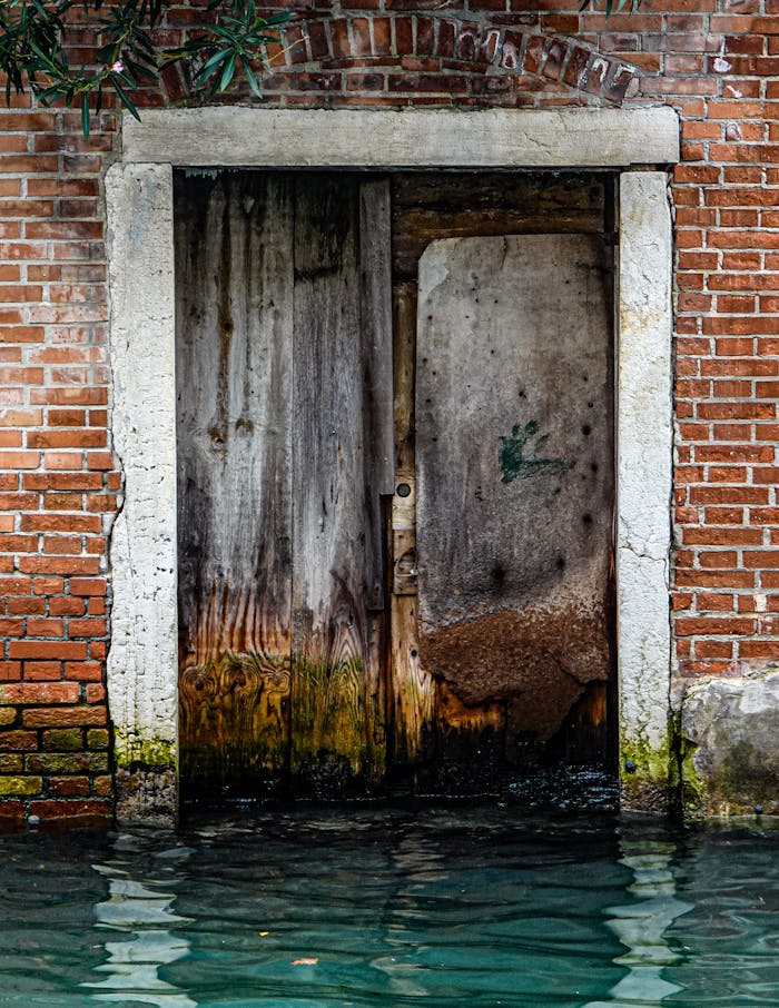 creative A rustic wooden door surrounded by brick, partially submerged in water, capturing the unique charm of Venice.